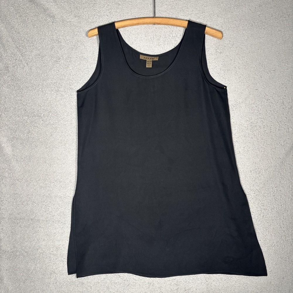 Harari Black S 100% Silk Scoop‎ Neck Tank Top Sleeveless Side Slit Made in USA